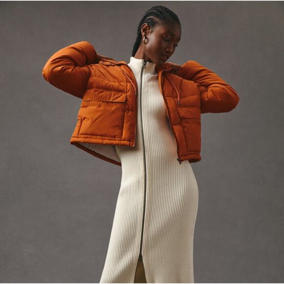 ANTHROPOLOGIE x PILCRO Cropped Hooded Puffer Jacket Dark Orange Sz M - Picture 3 of 7